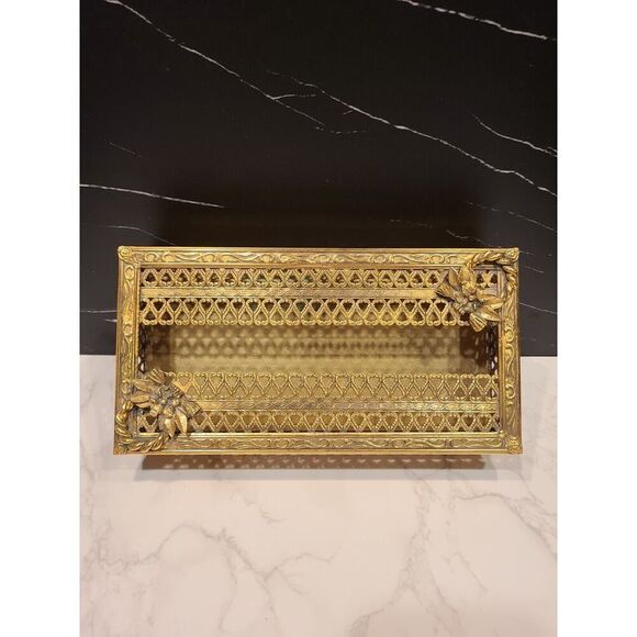 Ornate Gold Filigree Ormolu Metal Tissue Box Cover Floral Wreath VTG MCM GUC - Picture 1 of 10
